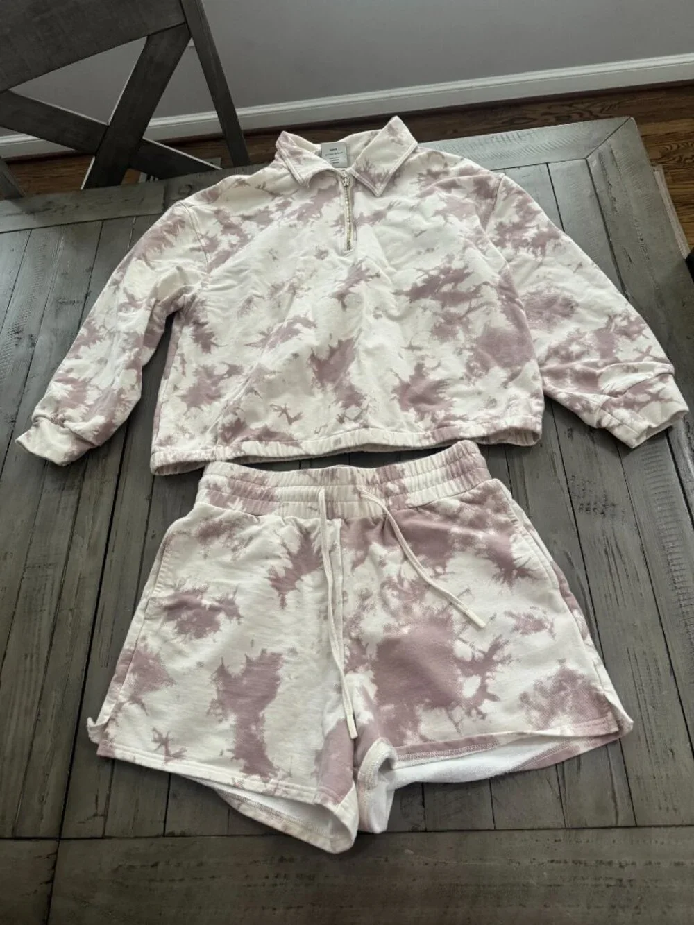 VARLEY Tie Dye Taupe Romero Sweatshirt + Glade Shorts Matching Set Medium - Picture 3 of 6